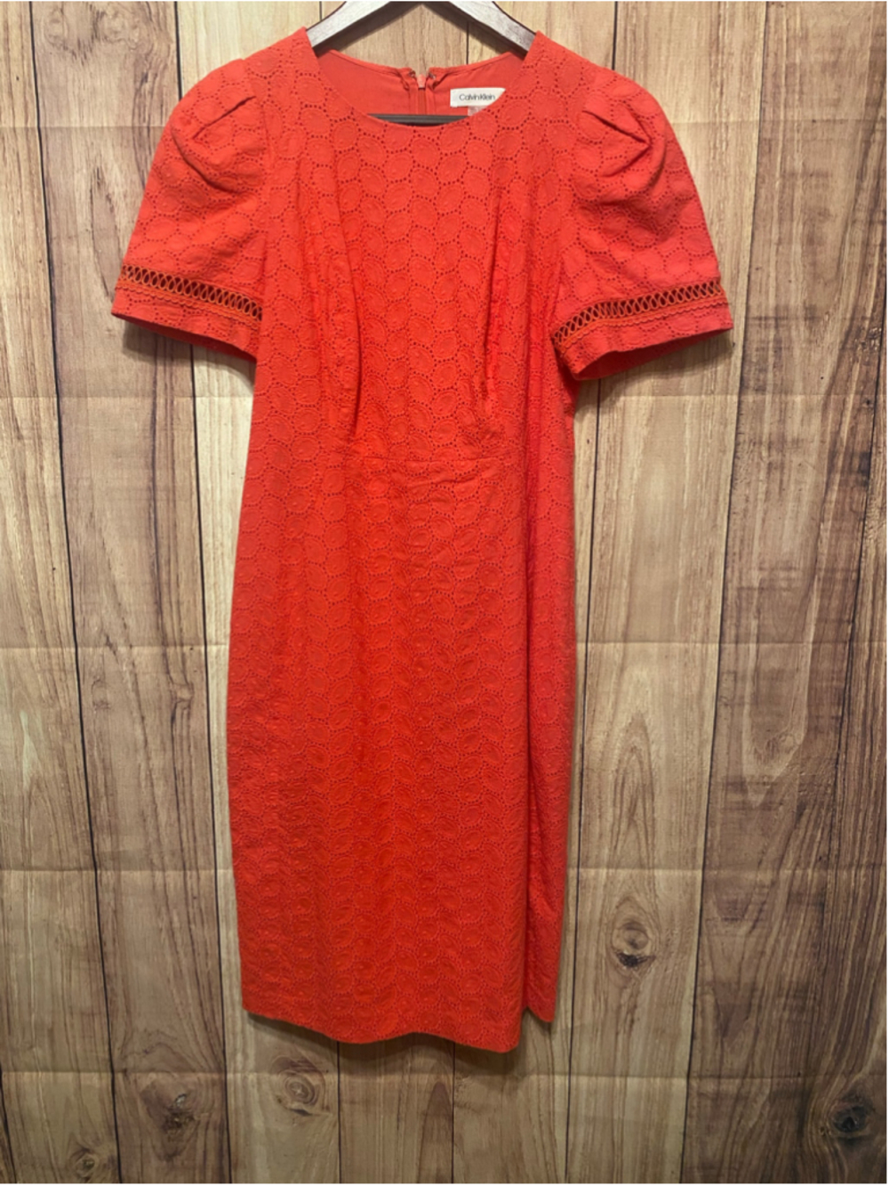 Calvin Klein 6 Midi Dress Size coral salmon pink Eyelet Puff Sleeve